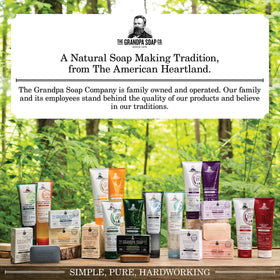 The Grandpa Soap Company bar in a shower lifestyle shot conveying refreshing, earthy scent