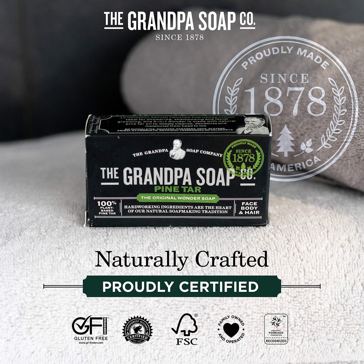 The Grandpa Soap Company pine tar bar in hand to show true 4.25 oz scale