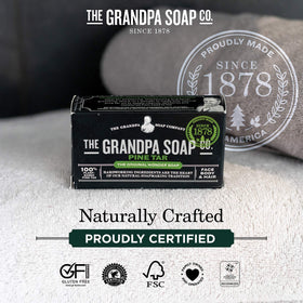 The Grandpa Soap Company pine tar bar in hand to show true 4.25 oz scale