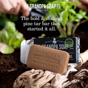 The Grandpa Soap Company pine tar soap texture detail displaying natural ingredients and grit