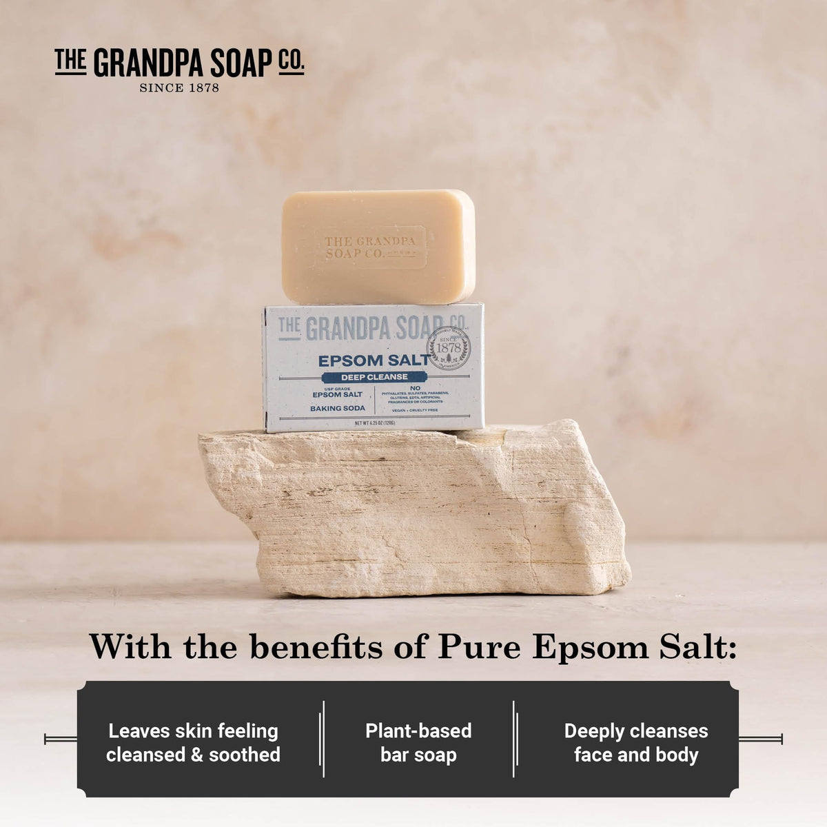 Grandpa Soap Company bar beside ruler showing 4.25 oz scale for sizing clarity