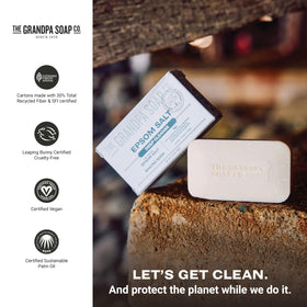 Three-pack of Grandpa Soap Company bars next to a ruler showing travel-friendly size