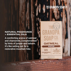 The Grandpa Soap Company bars styled in a bathroom to show everyday use and calm aesthetic