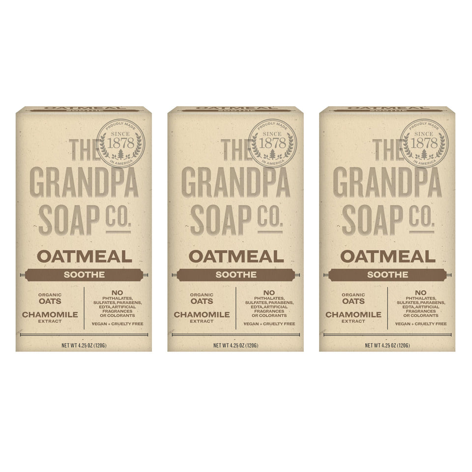 The Grandpa Soap Company front packaging showing three oatmeal bars and product benefit