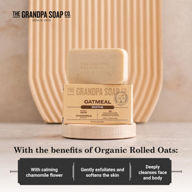 The Grandpa Soap Company bar in hand producing lather to demonstrate gentle cleansing