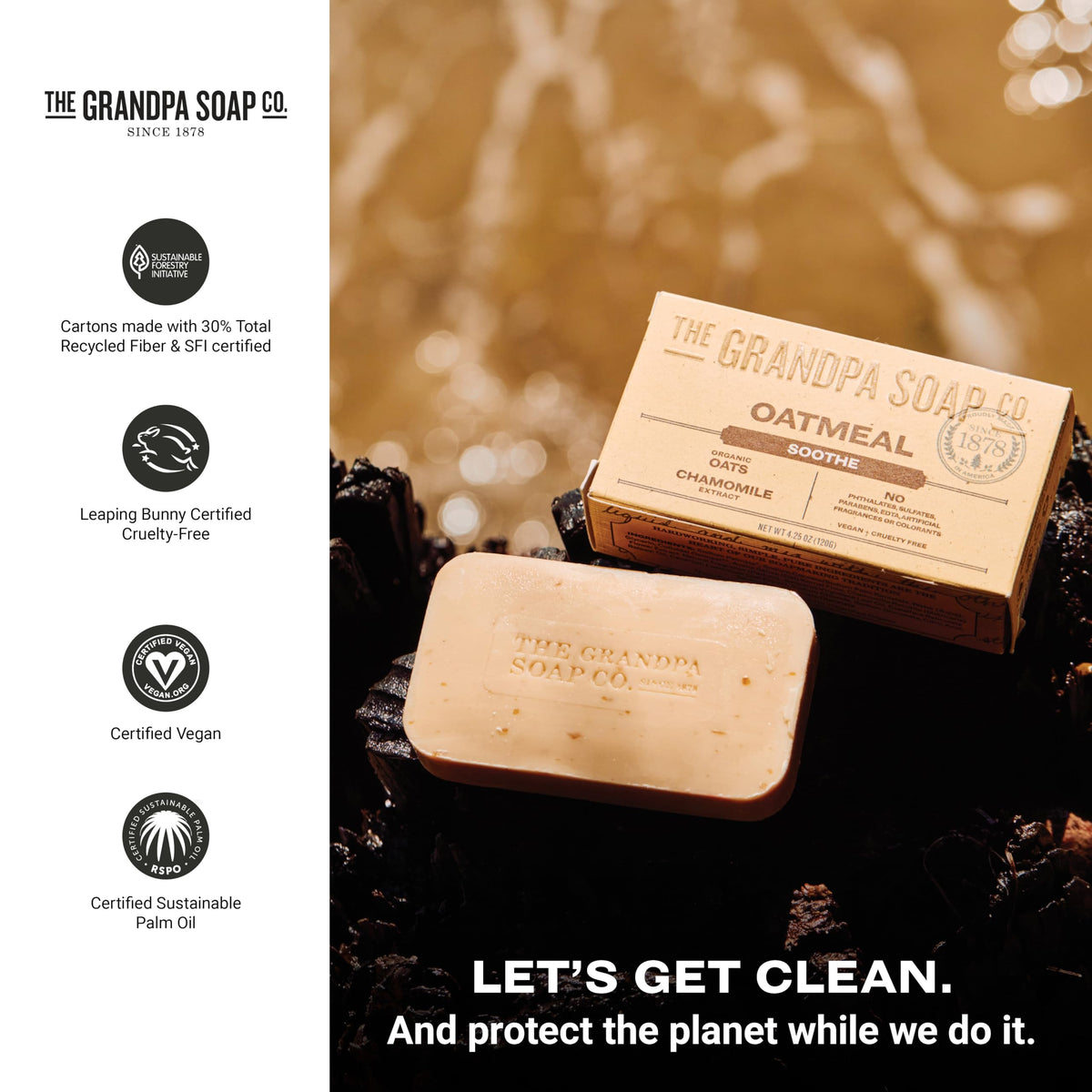 The Grandpa Soap Company bar next to a ruler showing 4.25 oz size and travel convenience