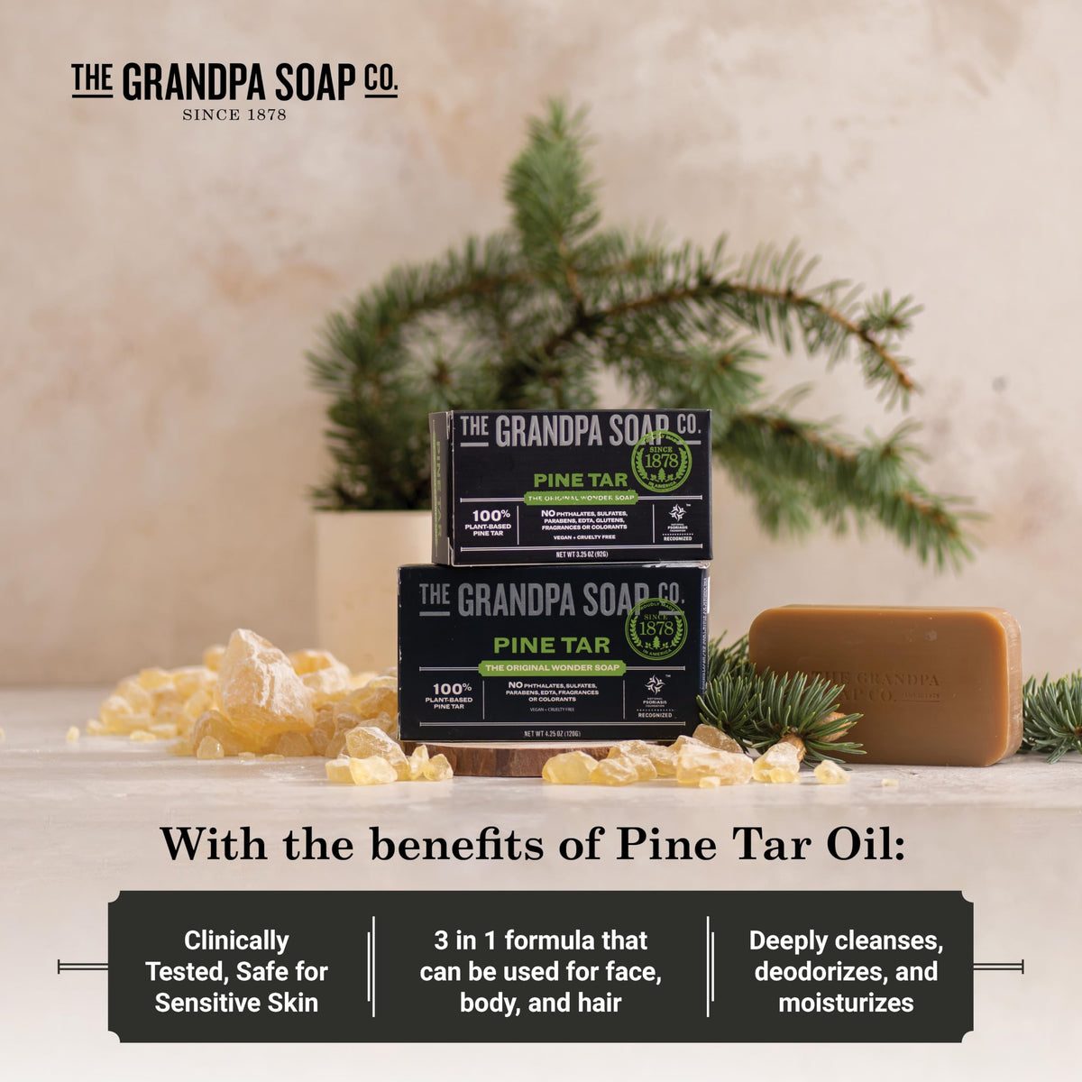 Grandpa Soap Company bar beside natural ingredients showing simple formulation benefit