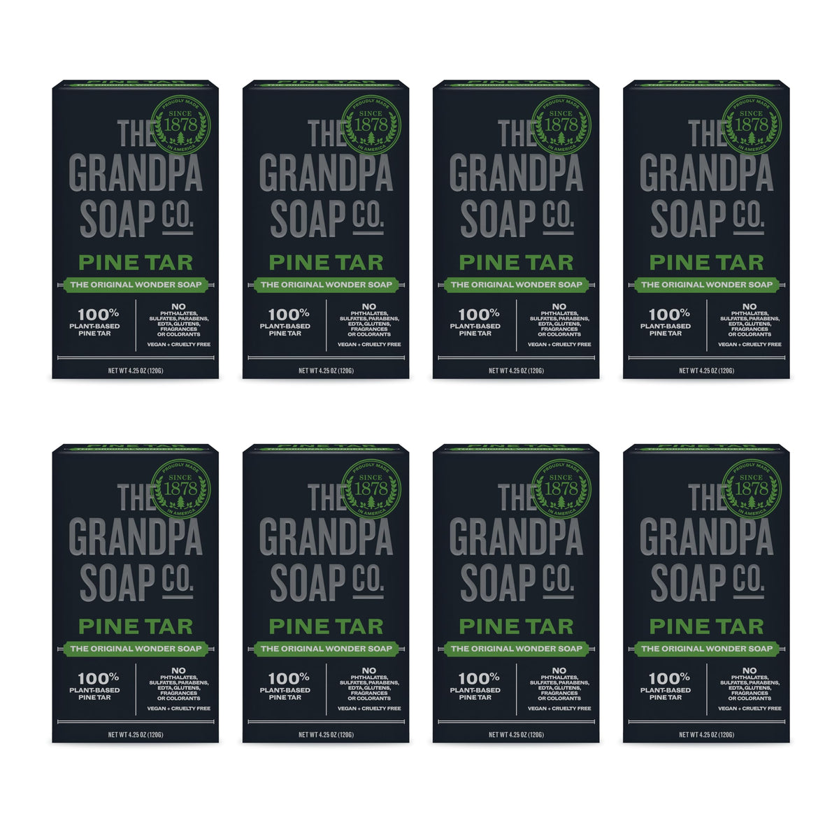 Grandpa Soap Company front packaging showing woodsy pine tar scent benefit