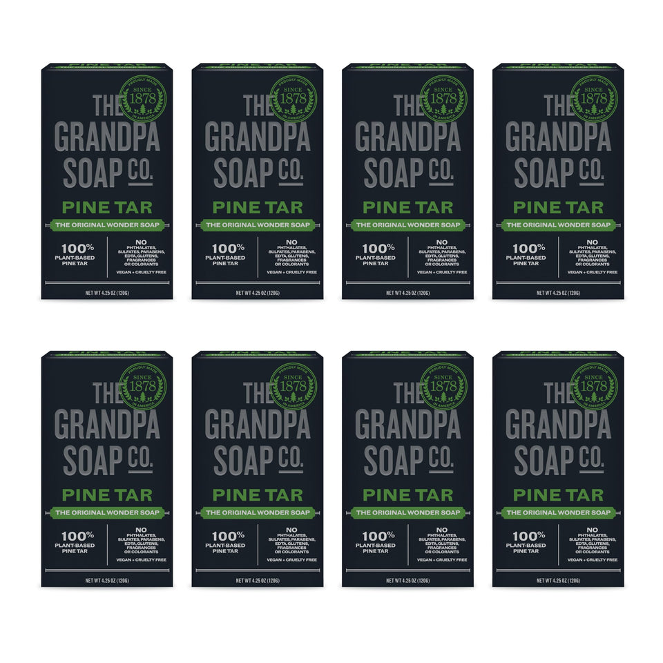 Grandpa Soap Company front packaging showing woodsy pine tar scent benefit