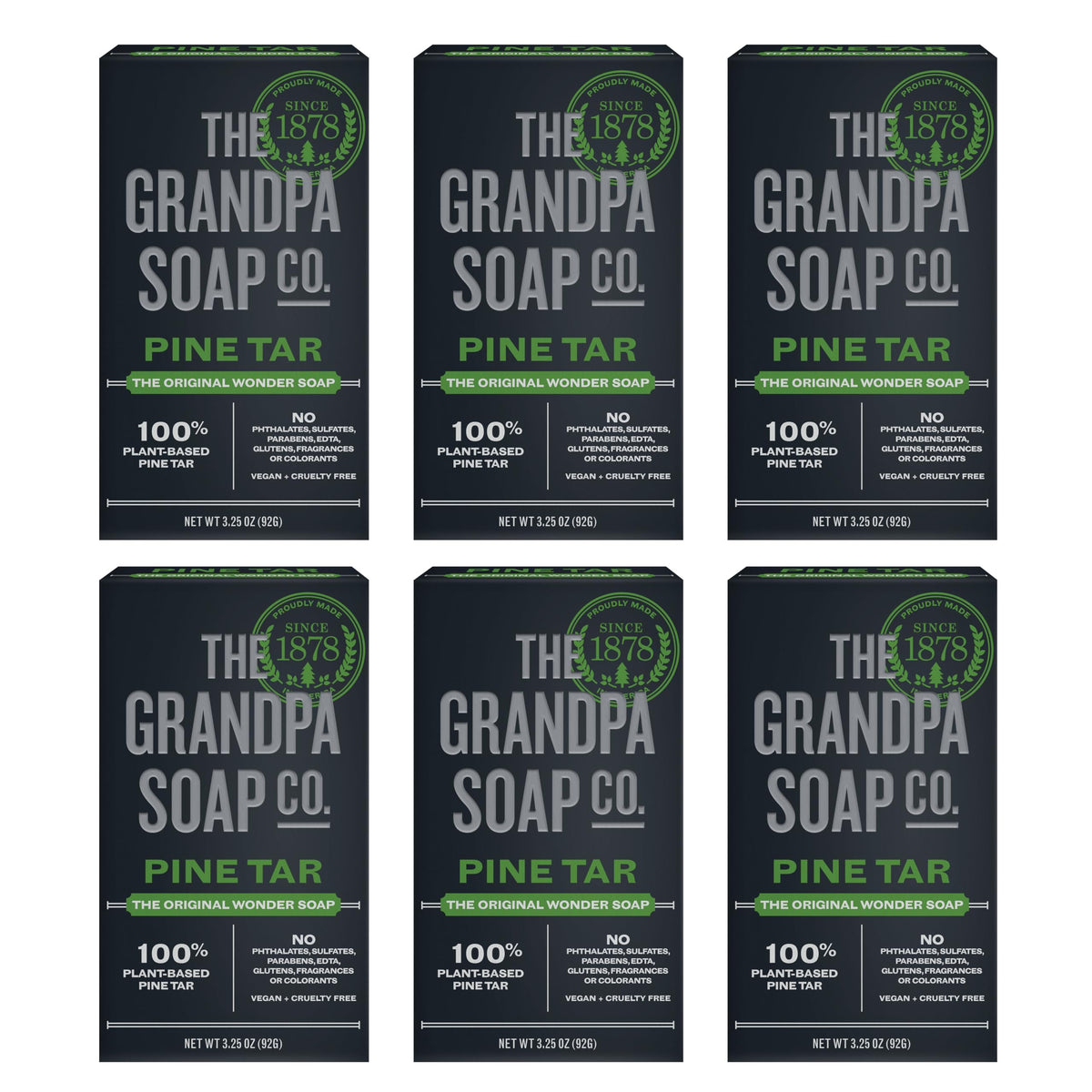 Grandpa Soap Company pine tar front packaging showing six bars and woodsy branding for value