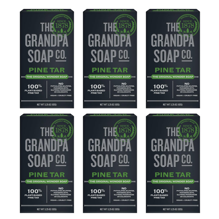 Grandpa Soap Company pine tar front packaging showing six bars and woodsy branding for value