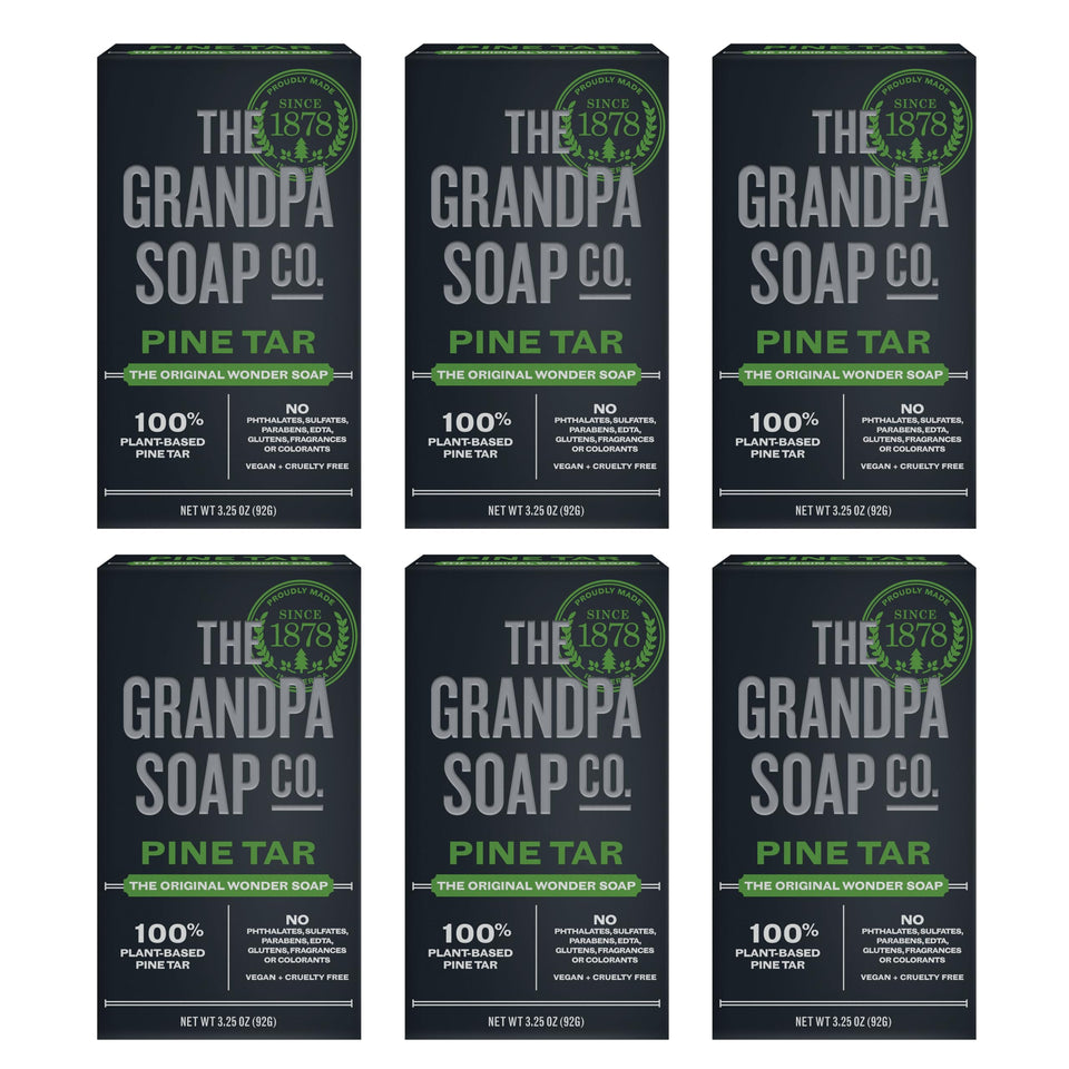 Grandpa Soap Company pine tar front packaging showing six bars and woodsy branding for value