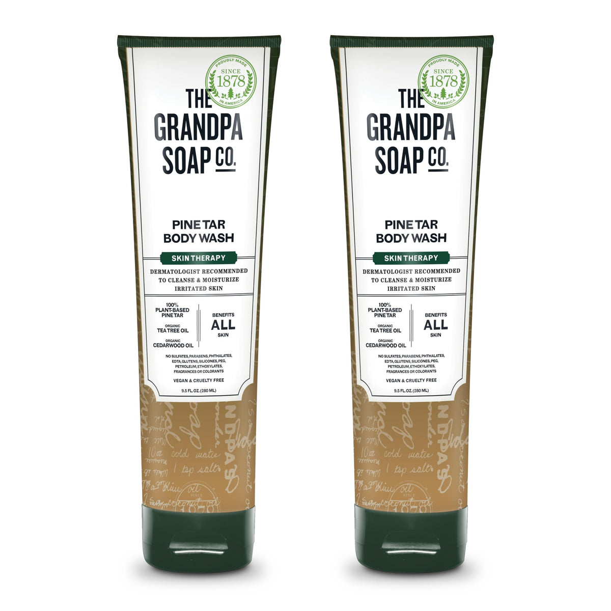 The Grandpa Soap Company front packaging showing pine tar wash benefits