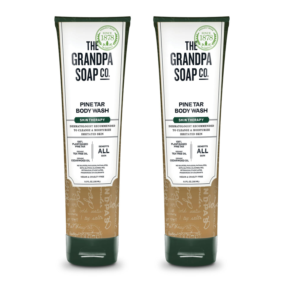 The Grandpa Soap Company front packaging showing pine tar wash benefits