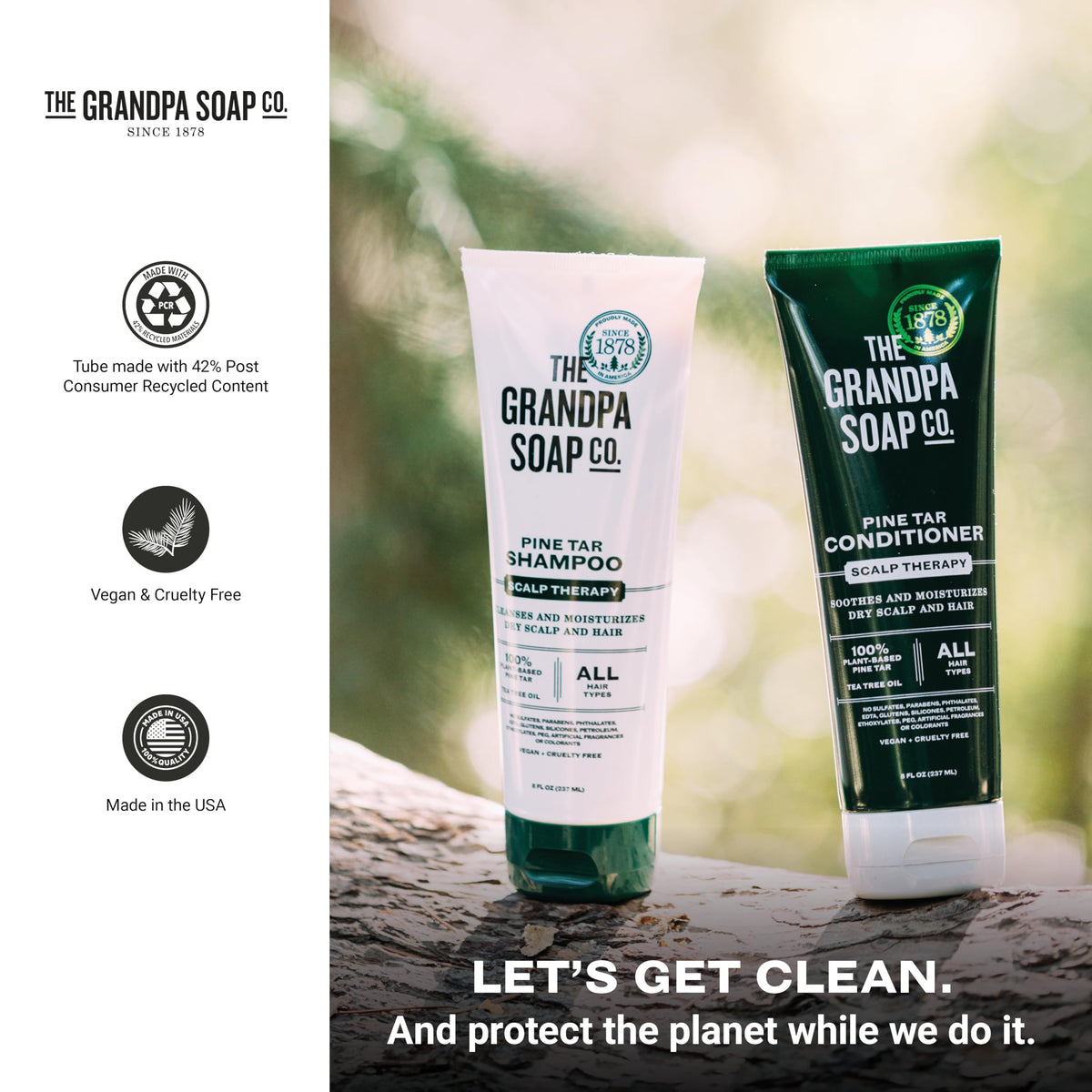 Grandpa Soap Company bottle placed in shower scene illustrating in-shower use