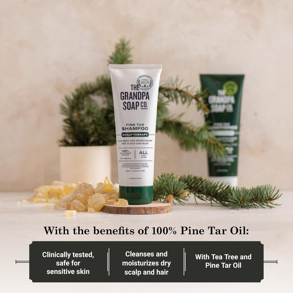 Grandpa Soap Company pine tar and tea tree ingredients highlighting natural scalp care