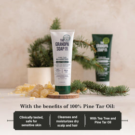 Grandpa Soap Company pine tar and tea tree ingredients highlighting natural scalp care