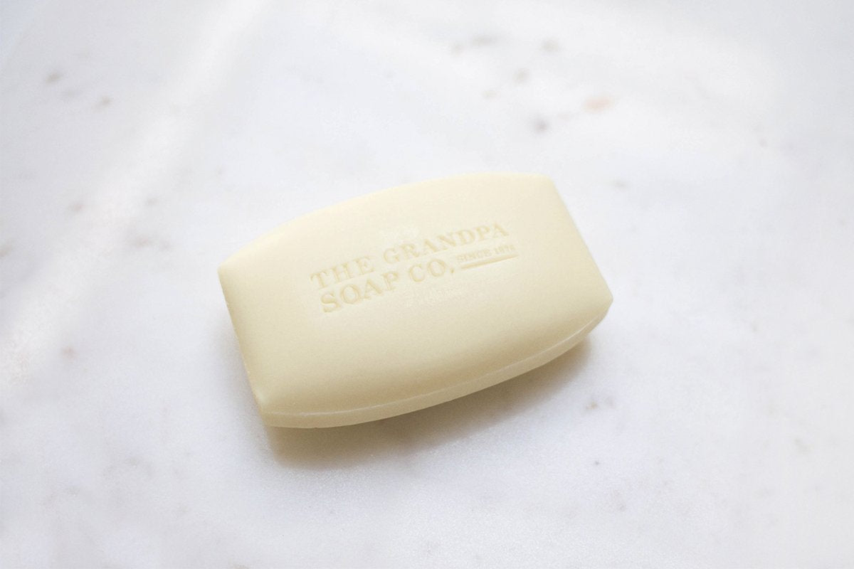 Grandpa's bar closeup texture showing soap surface and sulfur granules for effective cleansing
