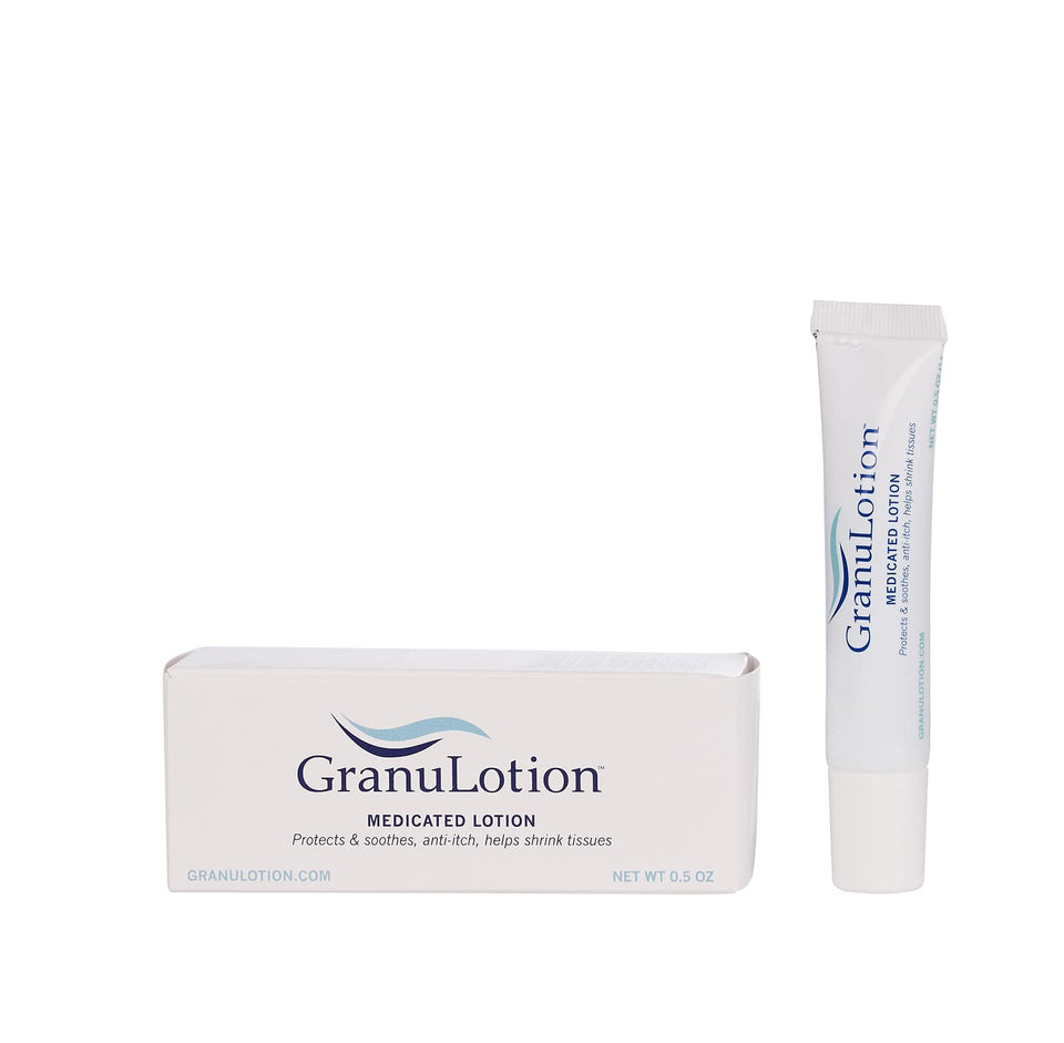 GranuLotion 0.5oz tube front view showing compact medicated lotion benefit
