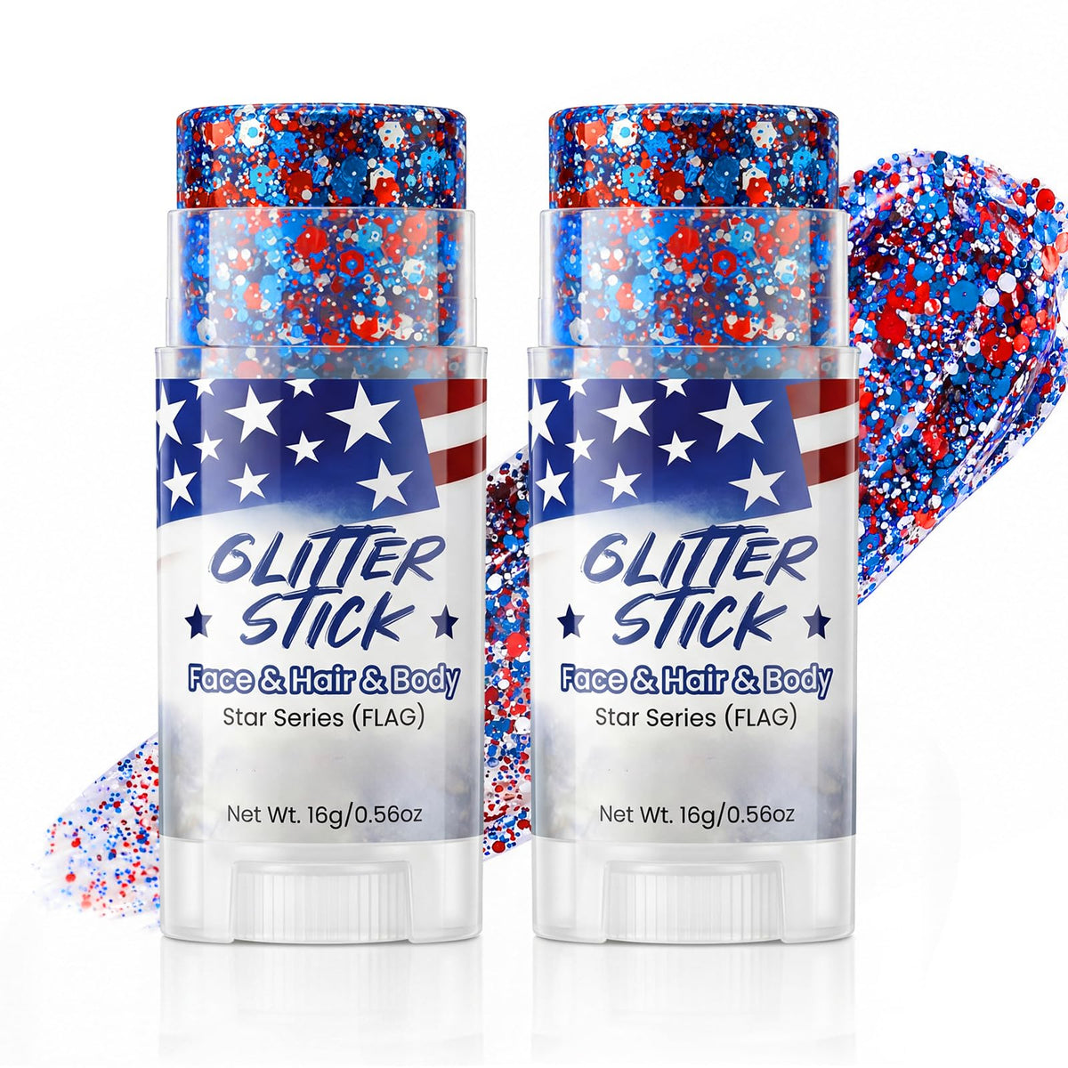 Gravel Dew front packaging showing dual red white blue glitter sticks for easy patriotic makeup
