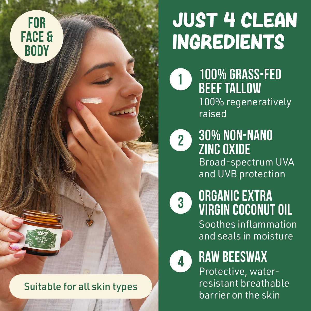 Grazly balm applied to cheek illustrating non-greasy finish for makeup base