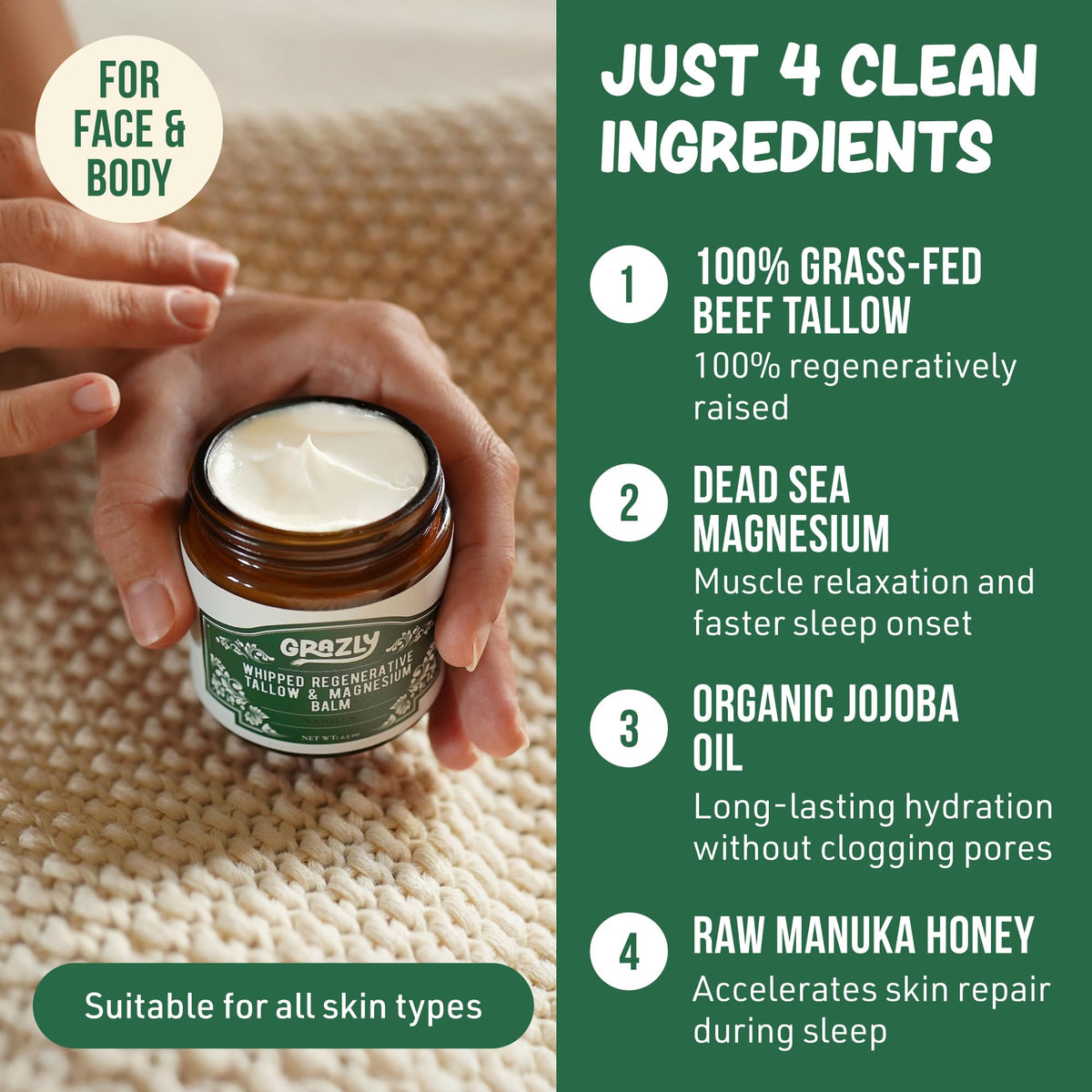 Grazly flatlay of beef tallow, jojoba, Manuka honey and Dead Sea flakes showing ingredient transparency