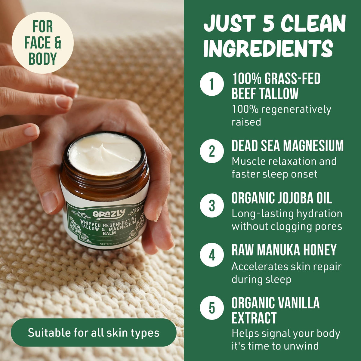 Grazly ingredients layout with Manuka honey, Dead Sea flakes and jojoba oil benefits