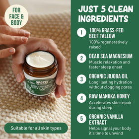 Grazly ingredients layout with Manuka honey, Dead Sea flakes and jojoba oil benefits