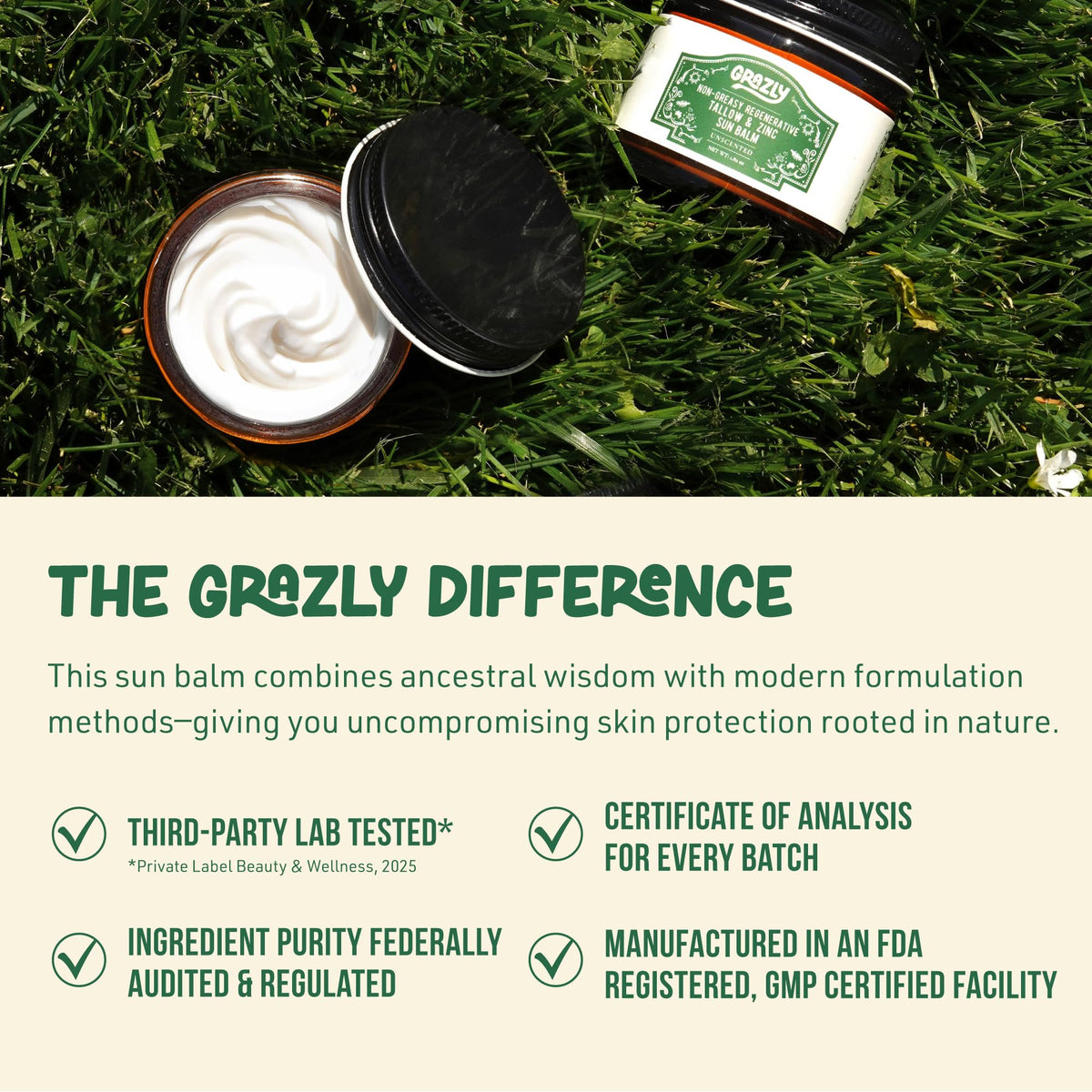 Grazly ingredients flatlay with beef tallow, zinc, coconut oil benefit clarity