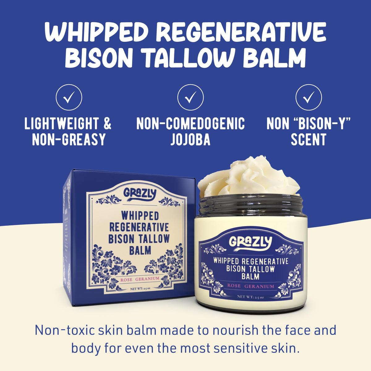 Grazly open jar top view revealing creamy whipped bison tallow