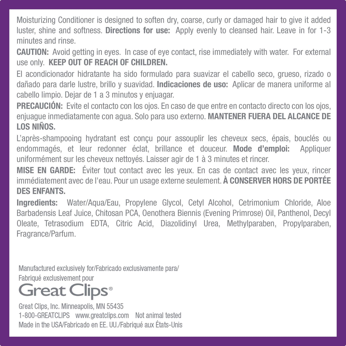 GREAT CLIPS close-up label detail showing recommended usage benefits