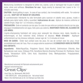 GREAT CLIPS close-up label detail showing recommended usage benefits