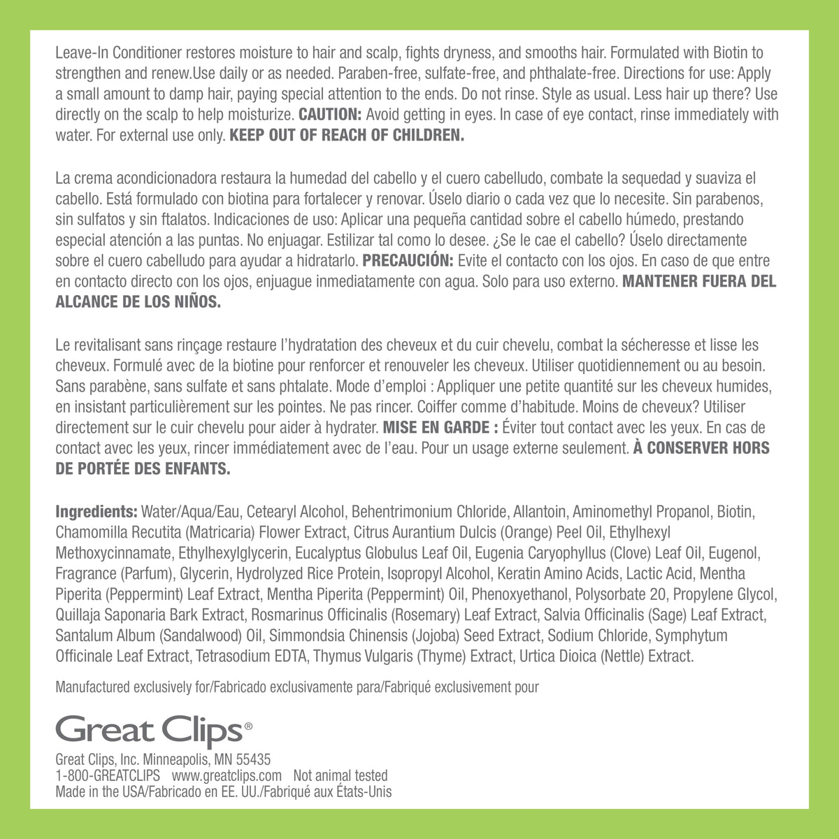 GREAT CLIPS LATITUDE label close-up highlighting biotin and jojoba benefits
