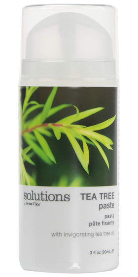 GREAT CLIPS front packaging of Tea Tree Paste showing label and size, easy identification benefit