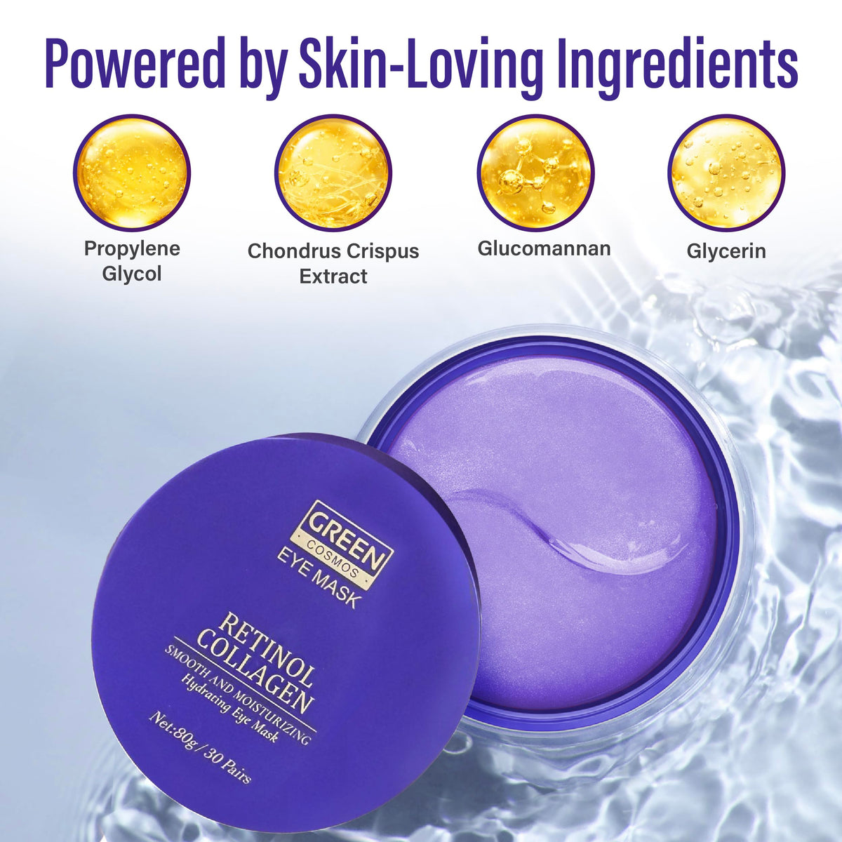 Green Cosmos close-up of purple hydrogel texture highlighting absorption benefit