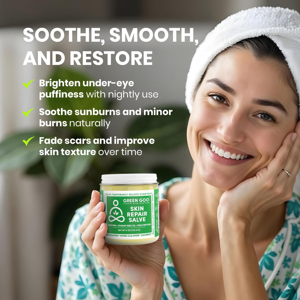 Green Goo applied under eye highlighting soothing and smoothing effect