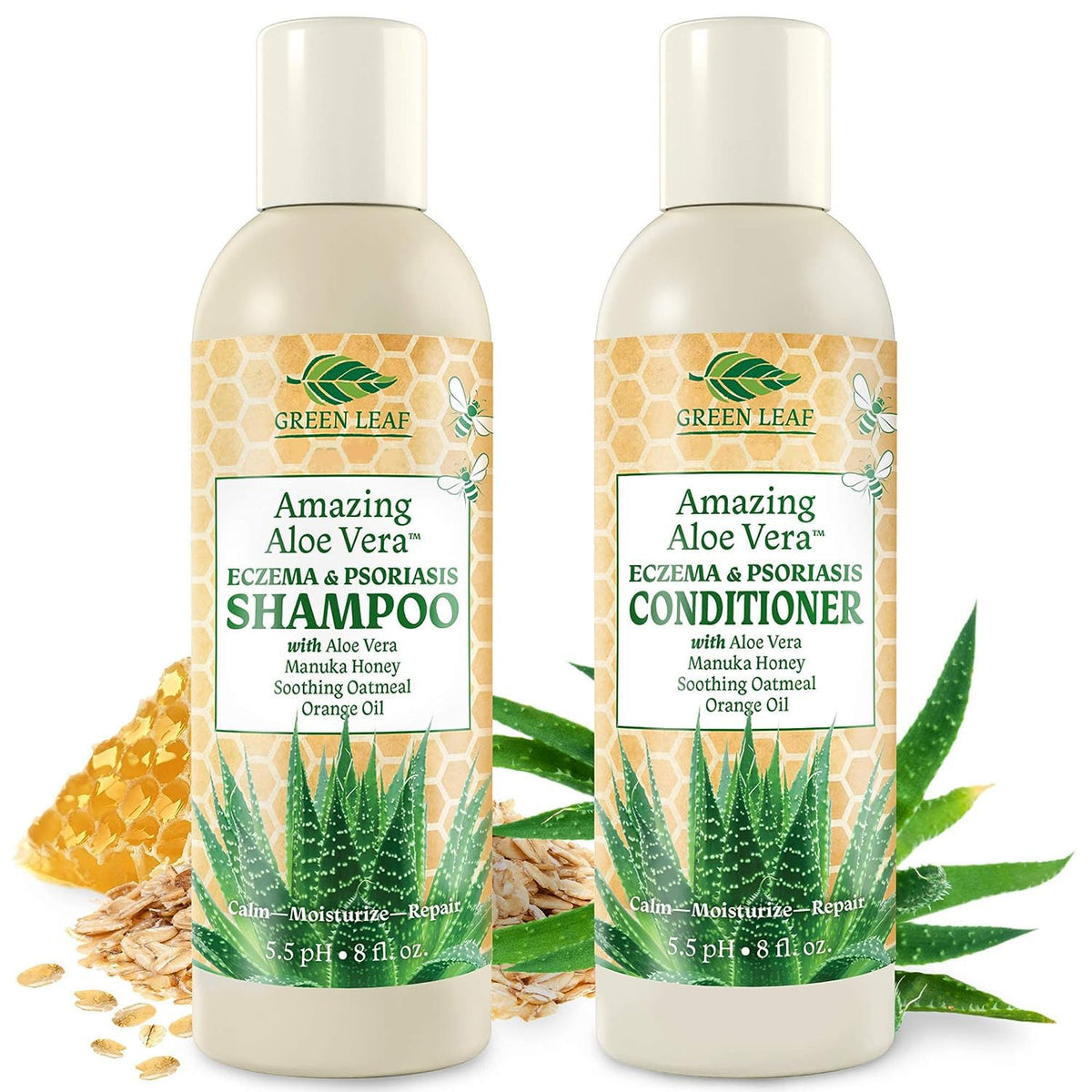 Green Leaf Naturals front packaging showing two 8oz bottles and benefits