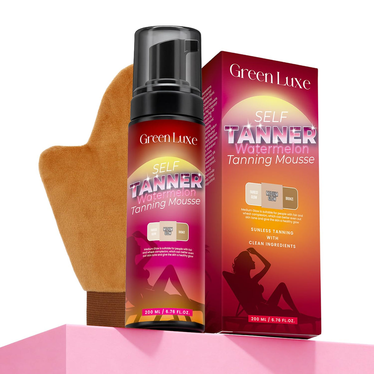 Green Luxe front packaging showing pump bottle and mitt for easy application and neat tanning