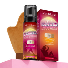 Green Luxe front packaging showing pump bottle and mitt for easy application and neat tanning