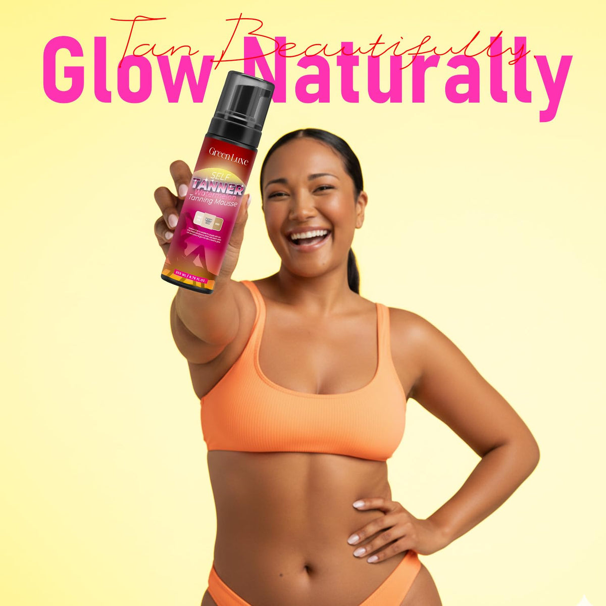 Green Luxe lifestyle scene on beach towel conveying sunless tan confidence and hydration