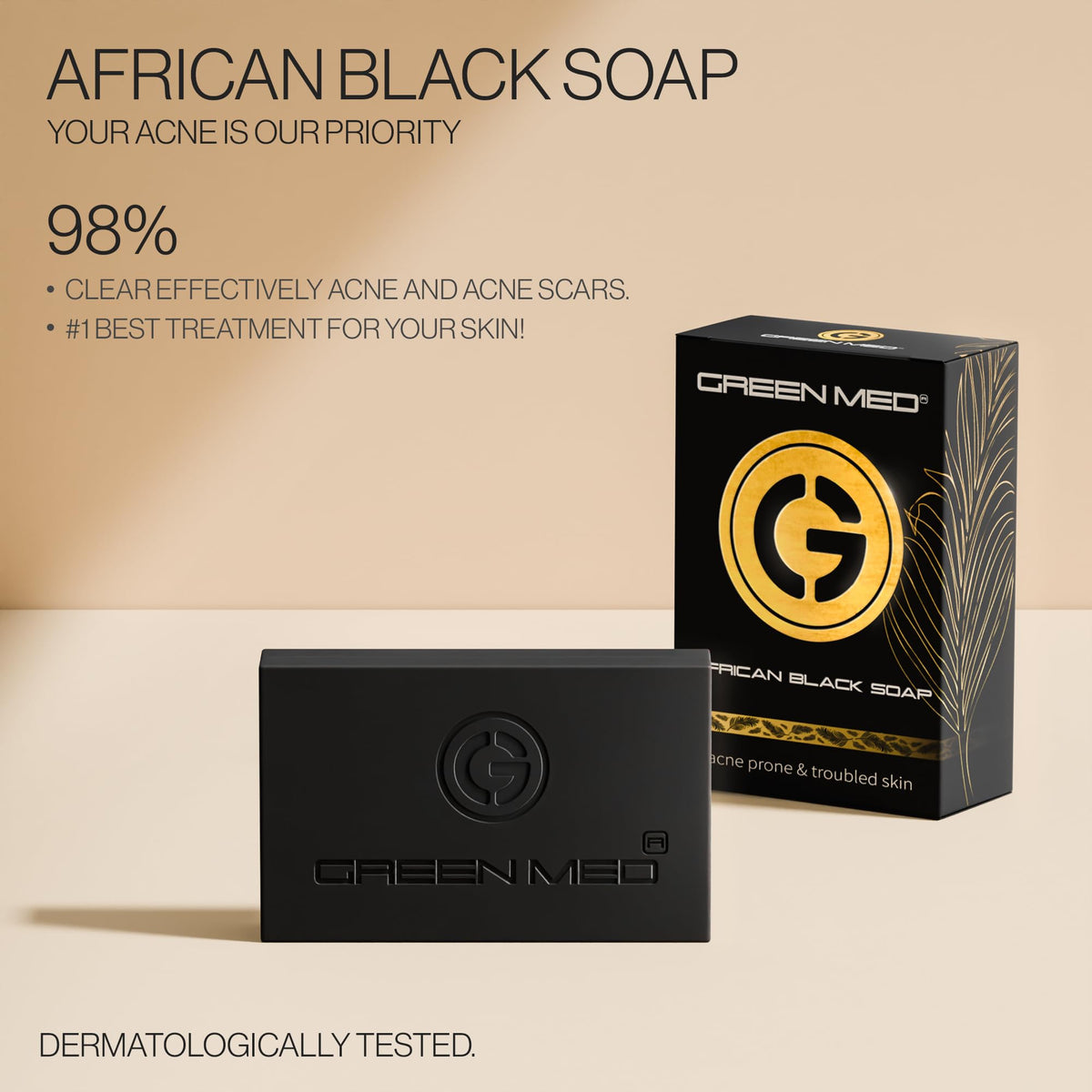 Green Med soap label close-up highlighting pH-balanced formulation benefit