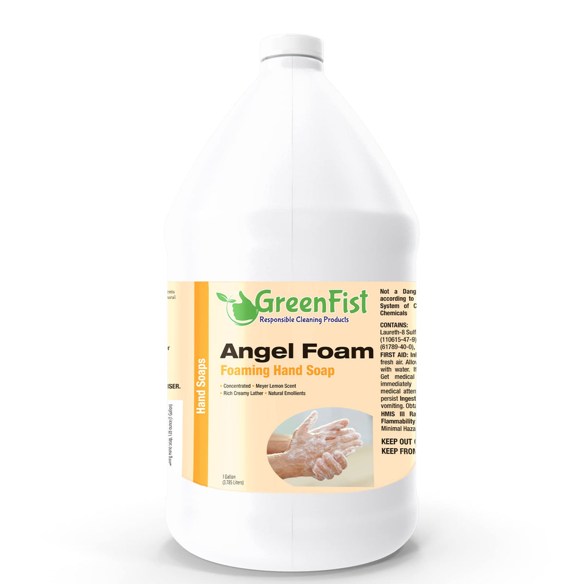 GreenFist gallon front label showing product branding and lemon scent benefit