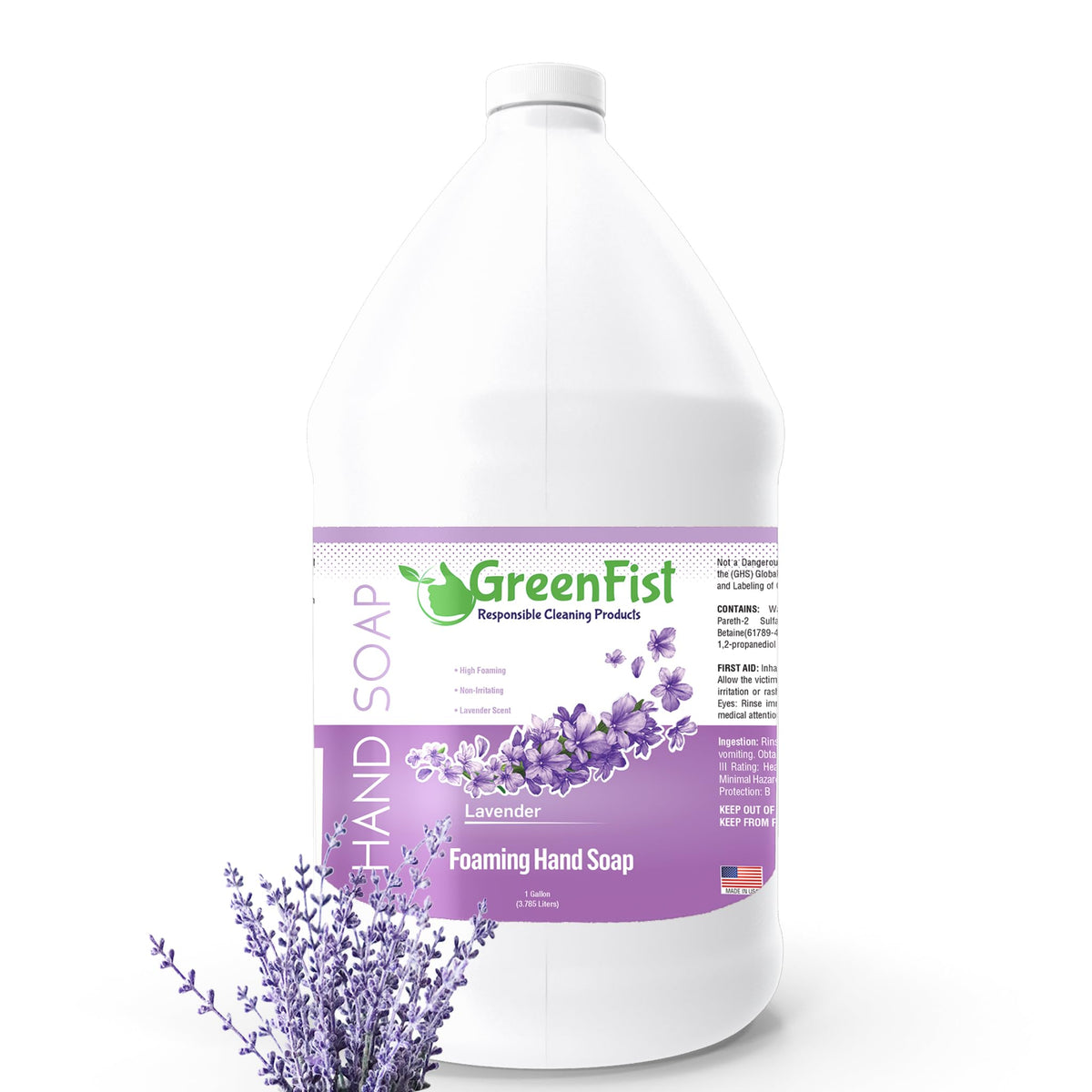 GreenFist lavender jug front view showing packaging and clear branding benefit: easy bulk refill