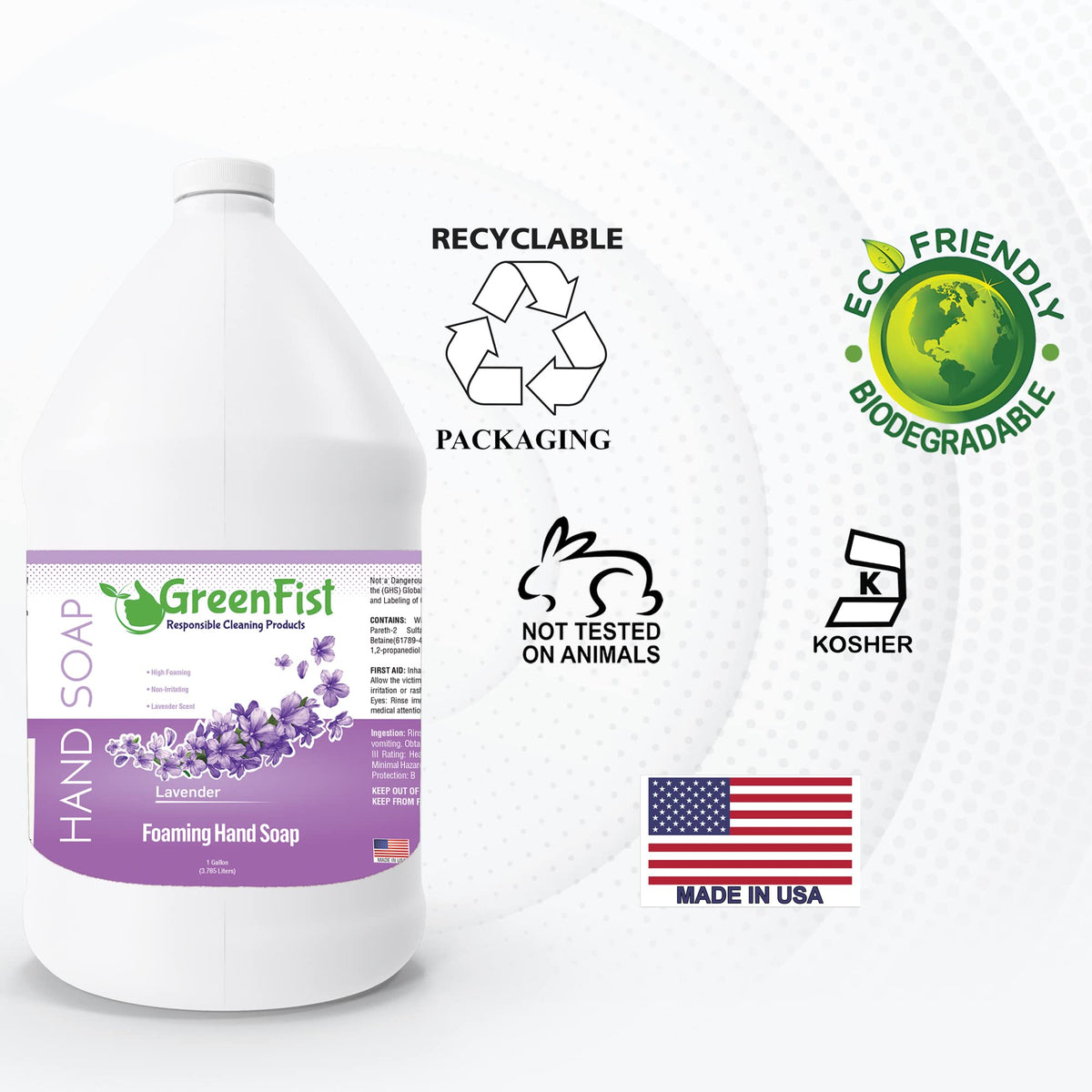 GreenFist jug in a tidy bathroom setting signaling practical bulk storage and scent benefit