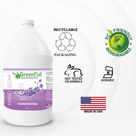 GreenFist jug in a tidy bathroom setting signaling practical bulk storage and scent benefit