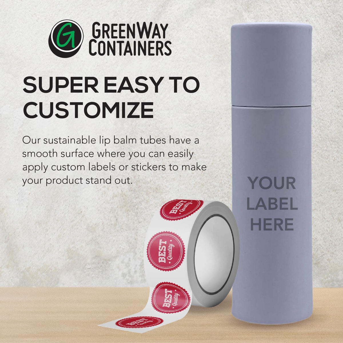 GREENWAY CONTAINERS filled lip balm tube demonstrating refillable DIY use