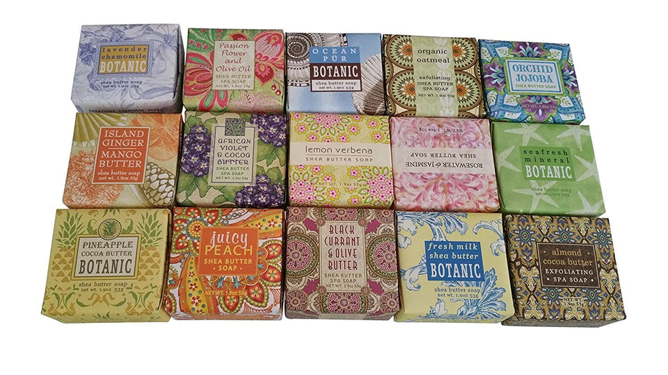 Greenwich Bay Trading Company front view of 15-paper-wrapped mini soaps showing variety and travel-ready convenience