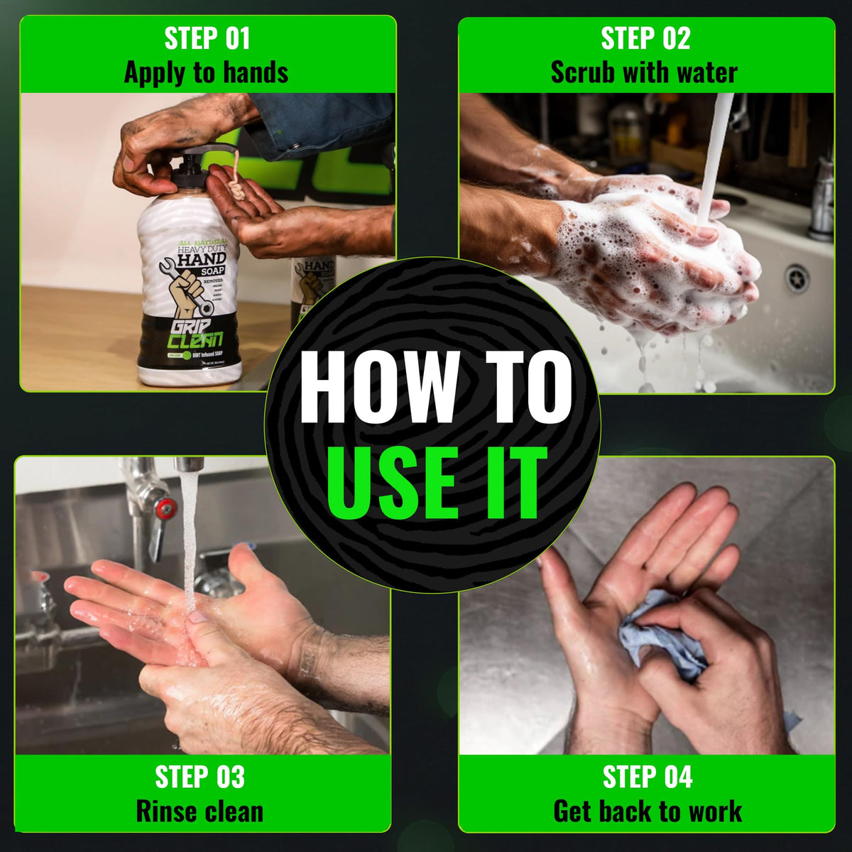 Mechanic using Grip Clean in a garage setting showing practical workplace cleaning benefit