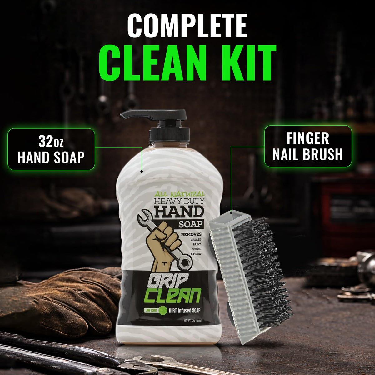 Grip Clean lifestyle workbench scene showing professional-ready hand care benefit
