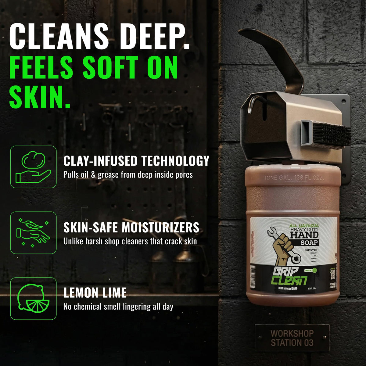 Grip Clean texture close-up showing fine pumice granules that scrub away grime